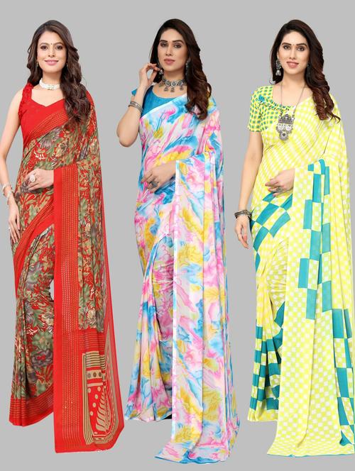 pack off 3 printed sarees with blouse - 19571764 - Very Small Image - 1