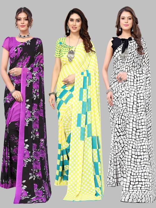 pack off 3 printed sarees with blouse - 19571766 - Very Small Image - 1