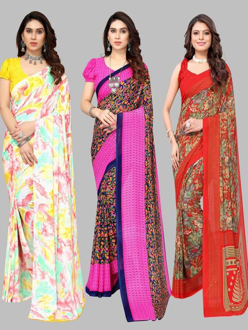 pack off 3 printed sarees with blouse - 19571769 - Very Small Image - 1