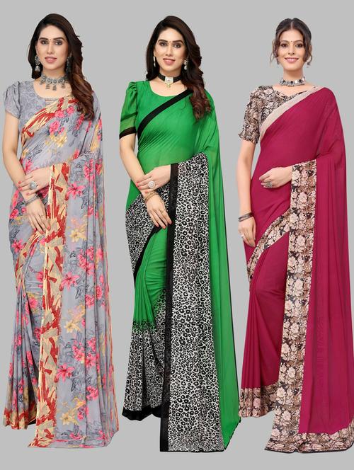 pack off 3 printed sarees with blouse - 19571784 - Very Small Image - 1
