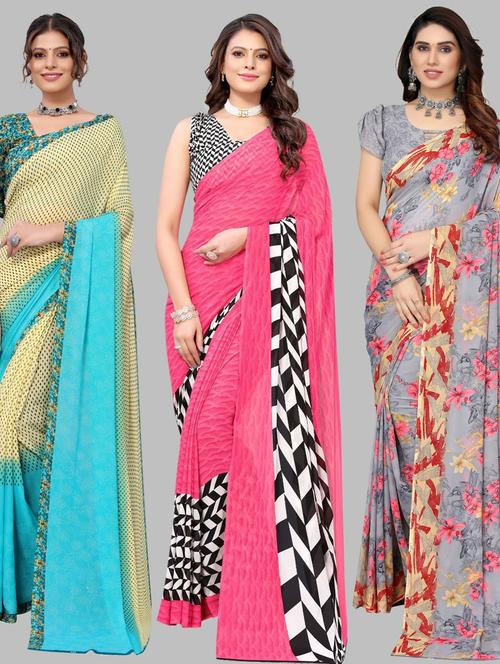 pack off 3 printed sarees - 19571790 - Very Small Image - 1