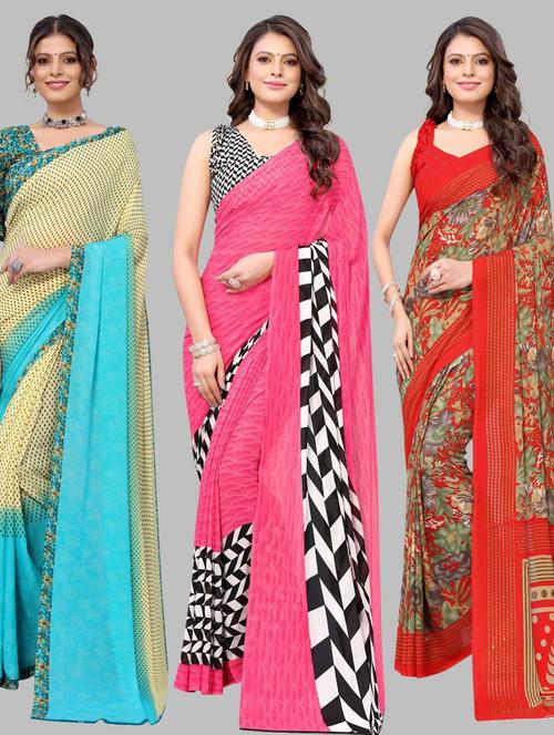 pack off 3 printed sarees with blouse - 19571795 - Very Small Image - 1