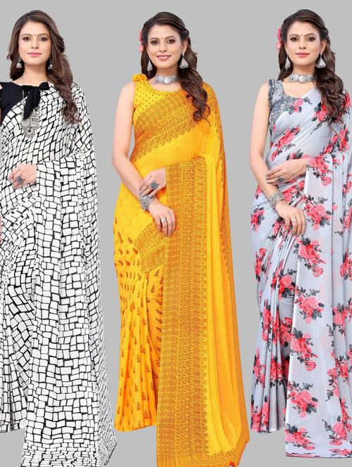 pack off 3 printed sarees - 19571798 - Very Small Image - 1