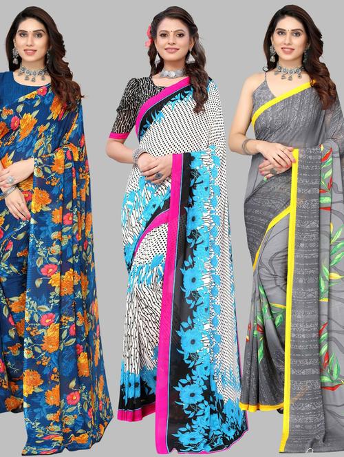 pack of 3 printed saree with blouse - 19571810 - Very Small Image - 1