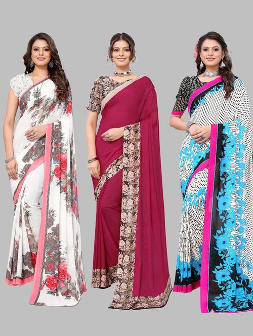 pack of 3 printed combo saree with blouse - 19571837 - Very Small Image - 1