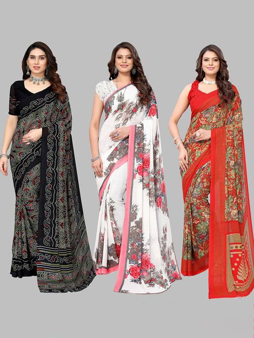 pack of 3 printed combo saree with blouse - 19571838 - Very Small Image - 1