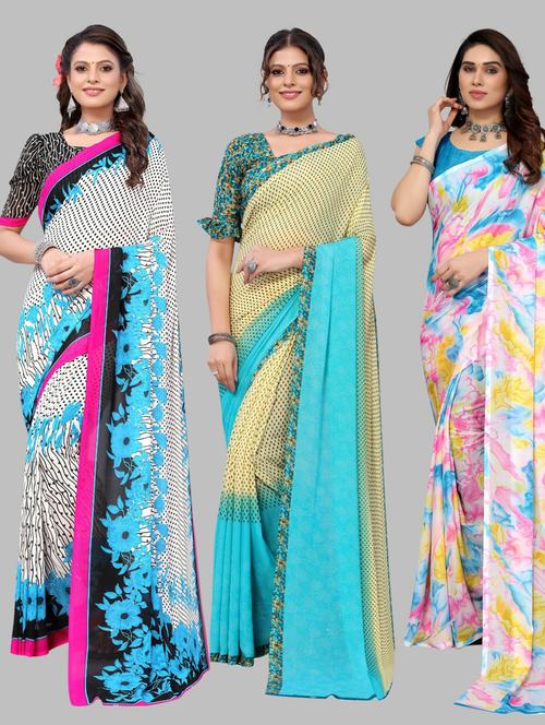 pack of multi colored printed saree with blouse - 19572065 - Very Small Image - 1