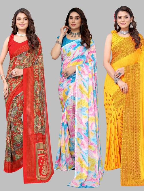pack of 3 printed saree with blouse - 19572067 - Very Small Image - 1