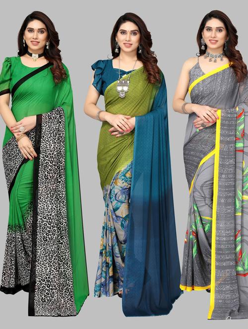 pack of 3 printed saree with blouse - 19572071 - Very Small Image - 1