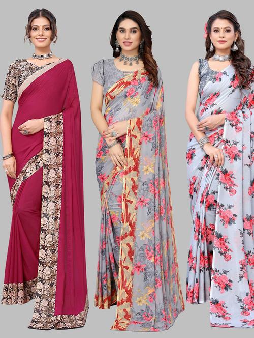 pack of 3 floral printed saree with blouse - 19572098 - Very Small Image - 1
