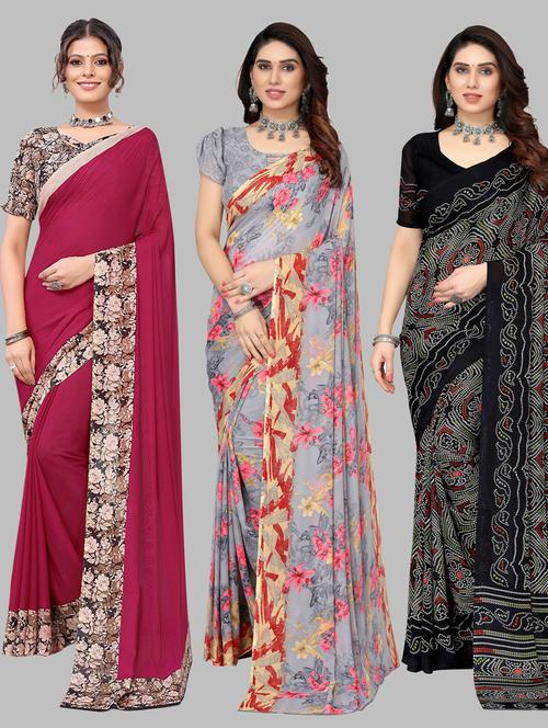 pack of 3 printed saree with blouse - 19572102 - Very Small Image - 1