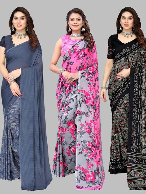 pack of 3 printed saree with blouse - 19572111 - Very Small Image - 1