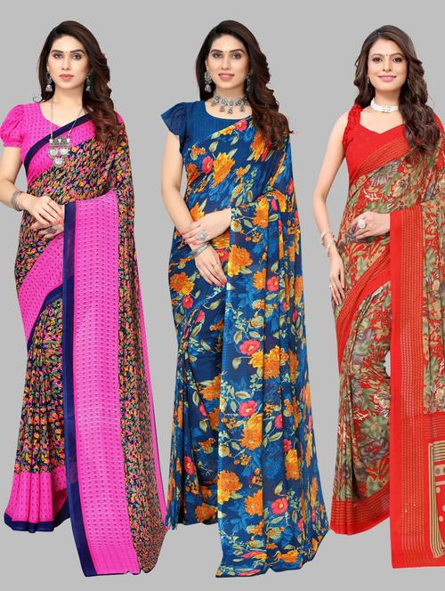 pack of 3 floral printed saree with blouse - 19572150 - Very Small Image - 1