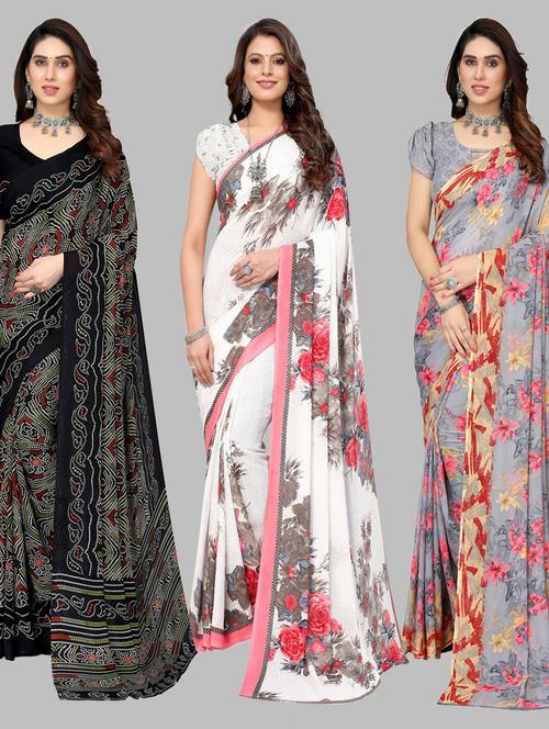 pack of 3 printed saree with blouse - 19572162 - Very Small Image - 1