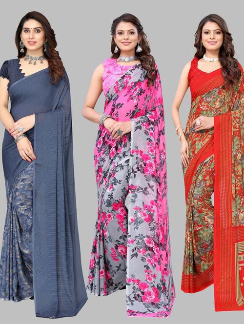 pack of 3 printed saree with blouse - 19572167 - Very Small Image - 1