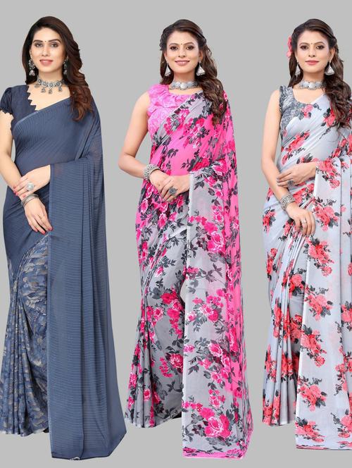 pack of 3 printed saree with blouse - 19572168 - Very Small Image - 1