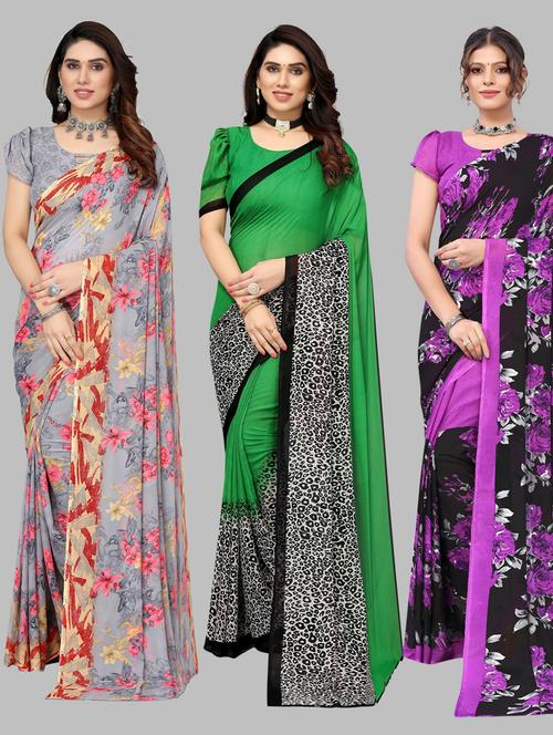 pack of 3 printed saree with blouse - 19572170 - Very Small Image - 1
