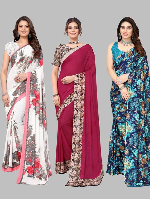 pack of 3 floral printed saree with blouse - 19572172 - Very Small Image - 1