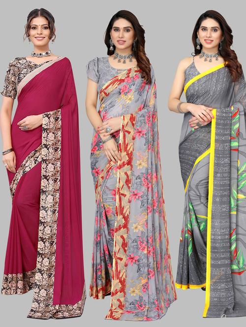 pack of 3 floral printed saree with blouse - 19572202 - Very Small Image - 1