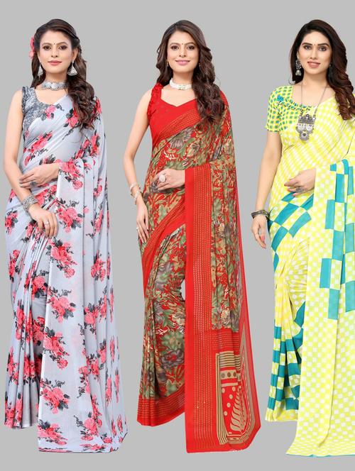 pack of 3 printed saree with blouse - 19572208 - Very Small Image - 1