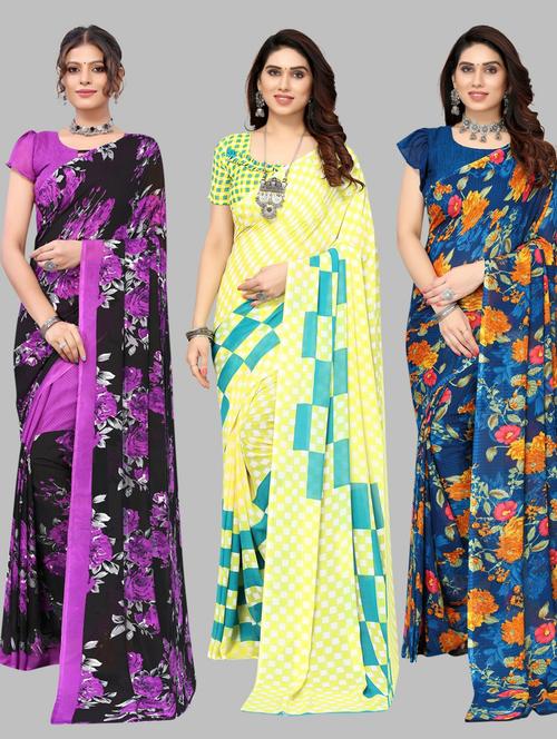 pack of 3 printed saree with blouse - 19572264 - Very Small Image - 1