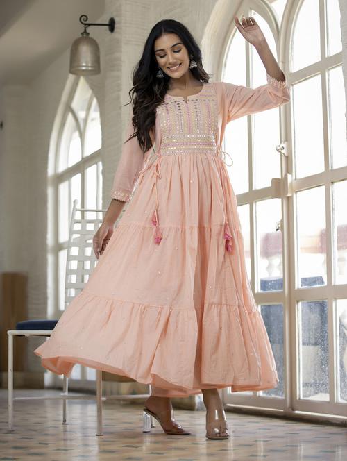 peach notch neck mirror work flared kurta - 19577964 - Very Small Image - 1