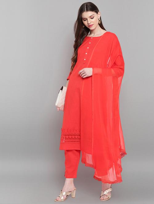 red kurta pant set with dupatta - 19578669 - Very Small Image - 1