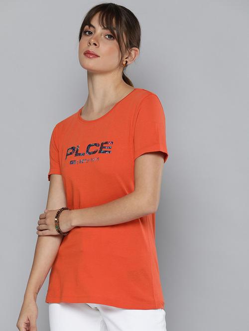 orange printed round neck t-shirt - 19582967 - Very Small Image - 1