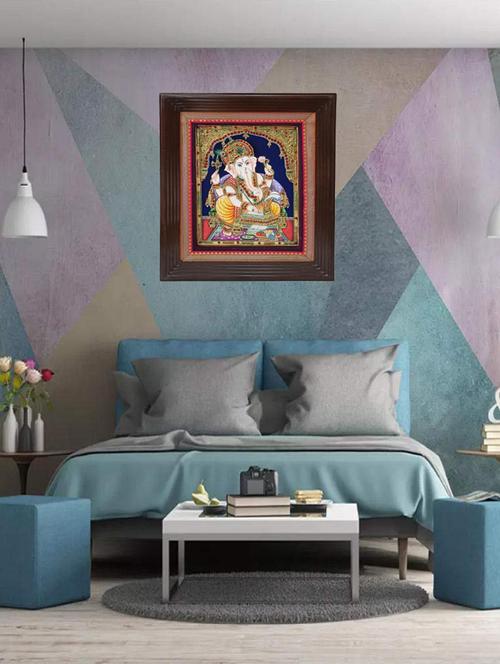 book ganesha tanjore painting, wall painting with frame, original gold foil artwork for living room (12 x 14 inches) - 19590511 - Very Small Image - 1