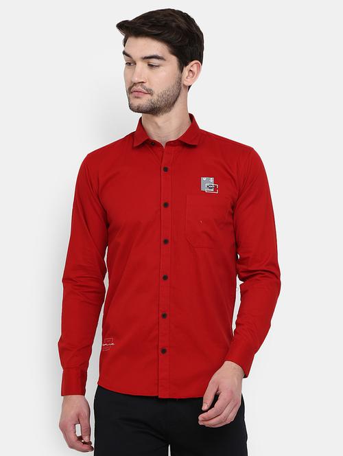 solid red placement print detailed cotton casual shirt - 19591139 - Very Small Image - 1