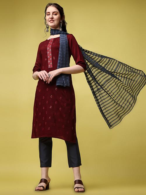 crepe red kurta pant set - 19594044 - Very Small Image - 1