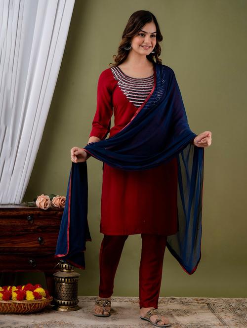 cotton red kurta pant set - 19594055 - Very Small Image - 1