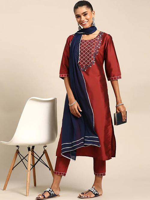 cotton red kurta dupatta set - 19594065 - Very Small Image - 1