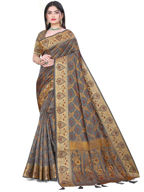 grey self design woven saree with blouse - 19596881 - Very Small Image - 1