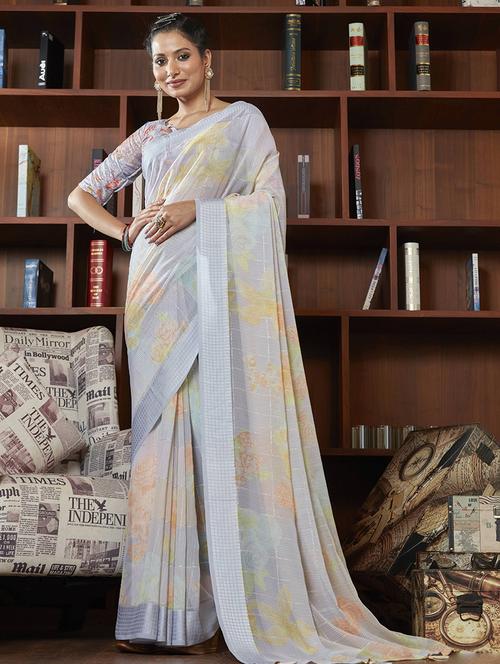 grey self design printed saree with blouse - 19597015 - Very Small Image - 1