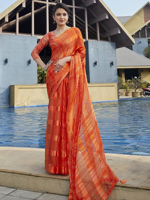 orange self design printed saree with blouse - 19597016 - Very Small Image - 1