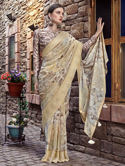beige self design printed saree with blouse - 19597024 - Very Small Image - 1