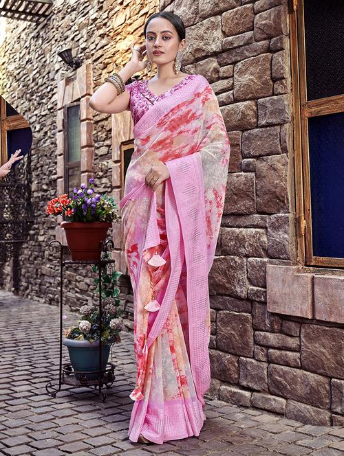 pink self design printed saree with blouse - 19597031 - Very Small Image - 1