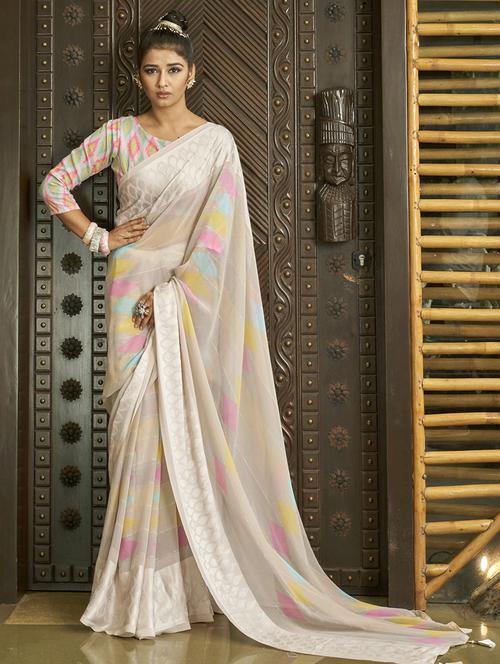 beige self design printed saree with blouse - 19597051 - Very Small Image - 1