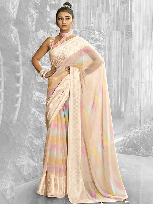 peach self design printed saree with blouse - 19597053 - Very Small Image - 1