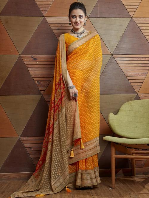 yellow self design printed saree with blouse - 19597060 - Very Small Image - 1