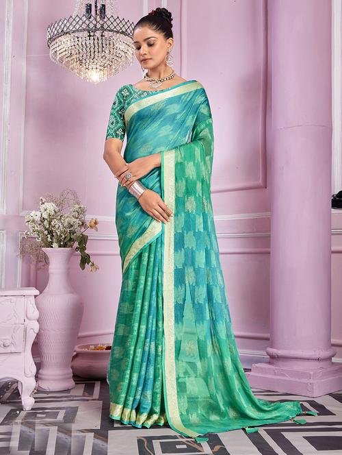 turquoise self design printed saree with blouse - 19597066 - Very Small Image - 1