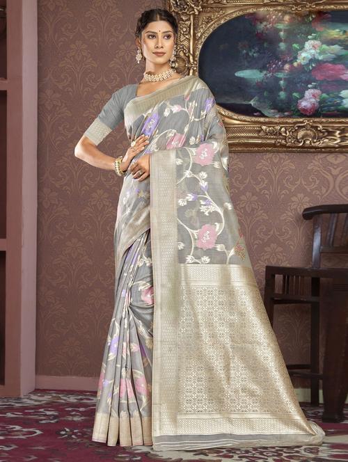 florals prints woven saree with blouse - 19597141 - Very Small Image - 1
