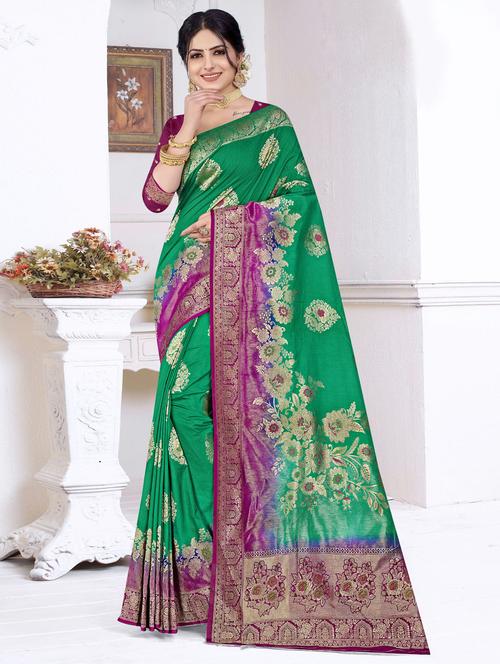 green woven floral saree with blouse - 19597773 - Very Small Image - 1