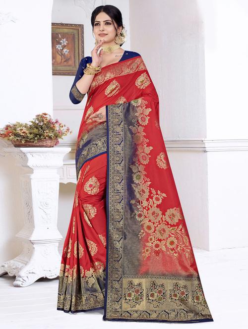 red woven floral saree with blouse - 19597774 - Very Small Image - 1