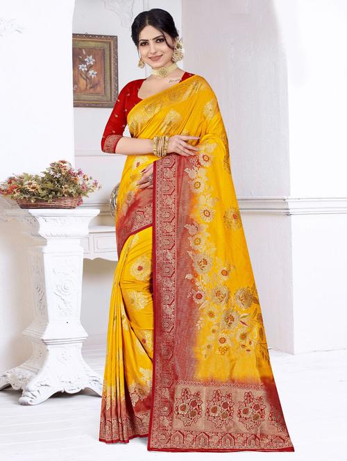 yellow woven floral saree with blouse - 19597775 - Very Small Image - 1