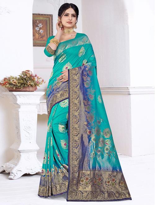 blue woven floral saree with blouse - 19597776 - Very Small Image - 1