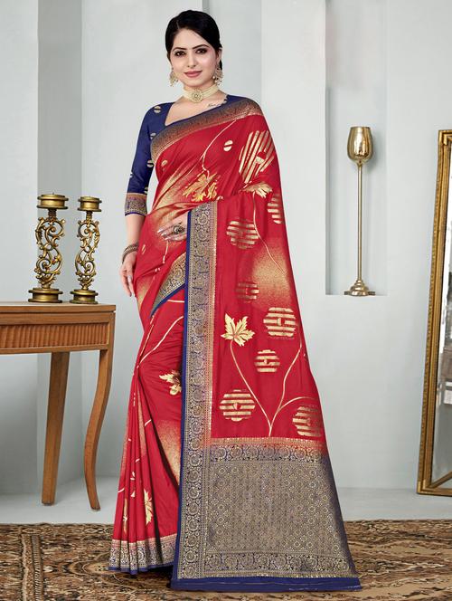 red woven floral saree with blouse - 19597779 - Very Small Image - 1