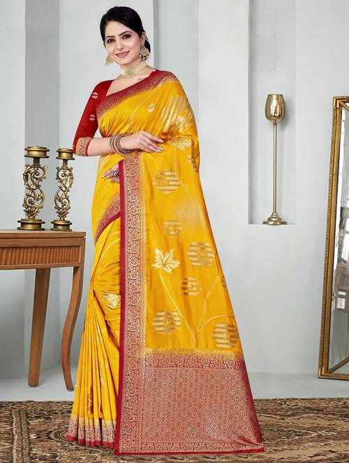 yellow woven floral saree with blouse - 19597782 - Very Small Image - 1
