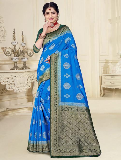 dark blue self design woven saree with blouse - 19597838 - Very Small Image - 1